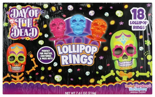 Halloween Día de los Muertos Azúcar Cráneo Lollipop Anillos, Caja de 18