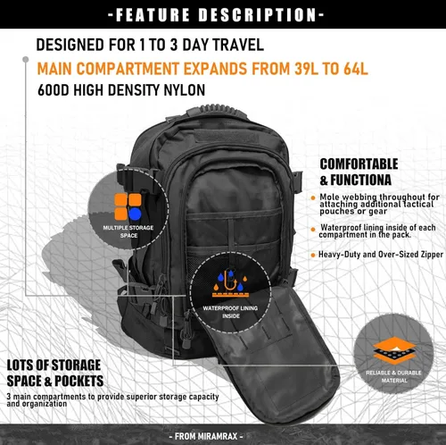 Miniatura 4 de Mochila táctica Miramrax para senderismo militar - Mochila Molle para hombres, paquete de asalto de 3 días, bolsa de evacuación para camping, viaje
