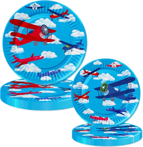 Miniatura 2 de 80 piezas de suministros de fiesta de avión, platos de papel para aviones, servilletas, tenedores, vajilla para temática de aviación para niños