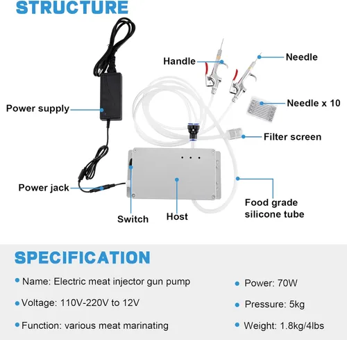 Miniatura 5 de Bomba eléctrica inyectora de carne con manguera, jeringa inyectora de marinada de acero inoxidable de 70 W con 10 agujas para barbacoa, pavo, cerdo