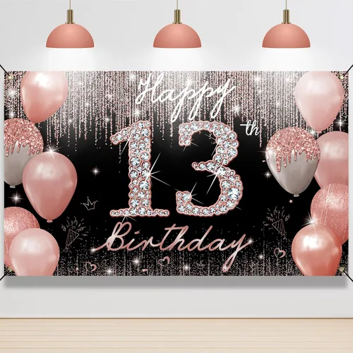 Decoración de cumpleaños número 13 para niñas, pancarta de fondo de feliz cumpleaños 13, color oro rosa, cartel de fiesta de cumpleaños de 13 años,