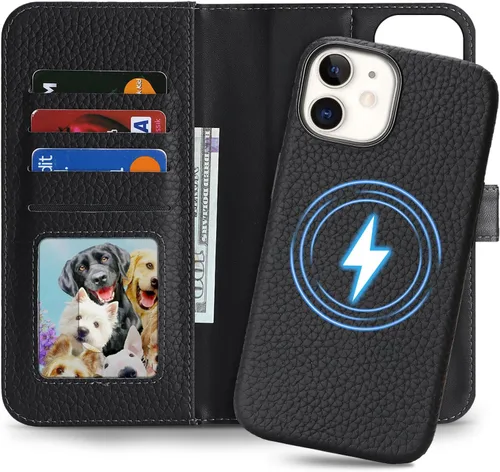 Miniatura 23 de Funda desmontable de piel auténtica para iPhone 13/14, funda magnética 2 en 1 extraíble, soporte de carga MagSafe, función de soporte para tarjetas