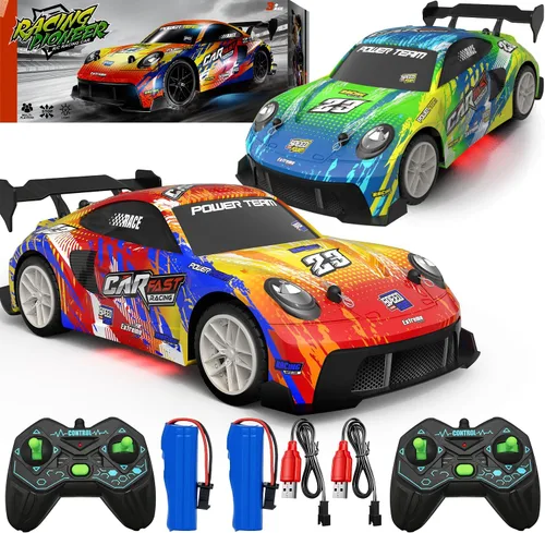 Paquete de 2 autos RC para niños y niñas, 4-7-8-12, auto de control remoto, luces LED, autos de carreras 4WD, doble jugador de 2.4 GHz, diseños de