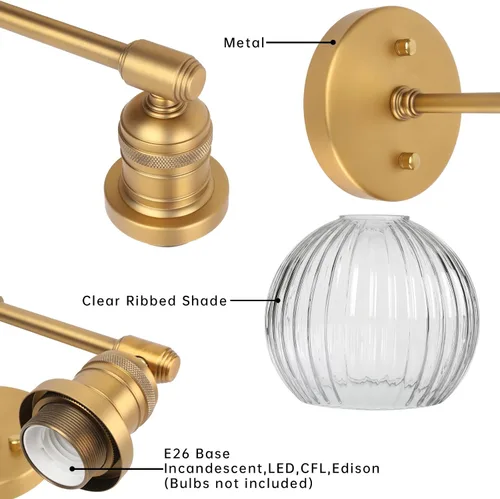 Miniatura 6 de Aplique industrial de pared de vidrio de doble brazo con pantalla de globo a rayas transparentes, lámpara de tocador de pared de 2 luces