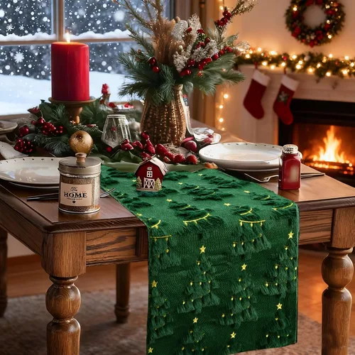 Miniatura 8 de IVAPUPU Camino de mesa de Navidad para vacaciones de invierno, árbol de Navidad verde de felpa suave con pelusa, decoración del hogar de Navidad