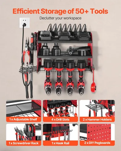 Miniatura 4 de VEVOR Organizador de herramientas eléctricas con estación de carga, estante de almacenamiento para taladros de 3 capas con 4 soportes para taladros