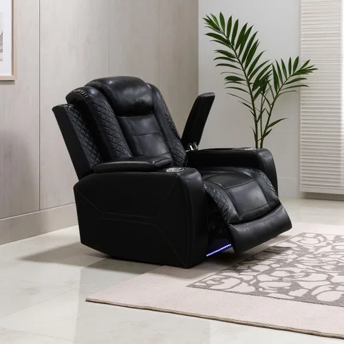 Miniatura 9 de Juego de Sofá Reclinable Eléctrico, Juego de Sofá y Sillón Reclinable de Cuero Negro, Juegos de Muebles de Sala de Estar, Sofá de Dos Plazas