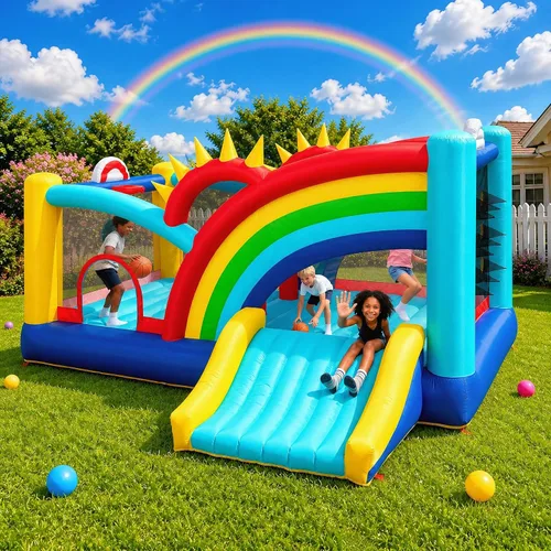 Miniatura 10 de Castillo inflable inflable de baloncesto para niños grandes de 8 a 12 años, extra grande de 16 pies x 13 pies, con tobogán y aros dobles y área