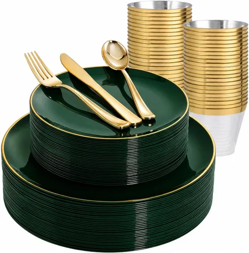 Miniatura 11 de WDF - 150 piezas de platos de plástico negros - Platos desechables negros y dorados - Juegos de vajilla desechables para 25 invitados