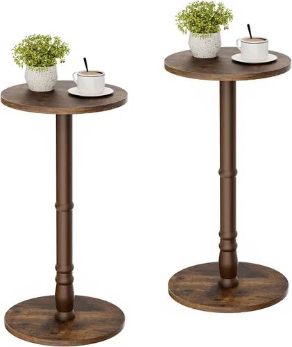 Miniatura 12 de Homleke Mesa auxiliar redonda, pilar de madera maciza con parte superior y base de madera, pequeña mesa de acento para bebidas para sala de estar