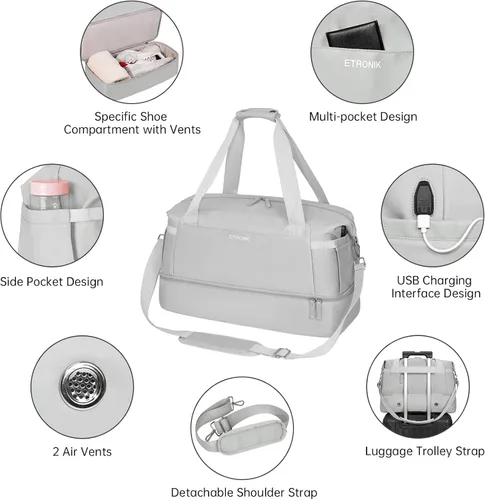 Miniatura 3 de Bolsa de lona de gimnasio para mujer, gris, Bolsa de gimnasio con puerto de carga USB