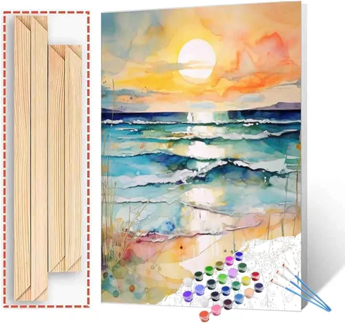 Miniatura 10 de Kit de Pintura por Números Tucocoo con Lienzo de Paisaje Marino de Playa al Atardecer 40x51 cm, Pintura al Óleo DIY para Niños, Estudiantes, Adultos