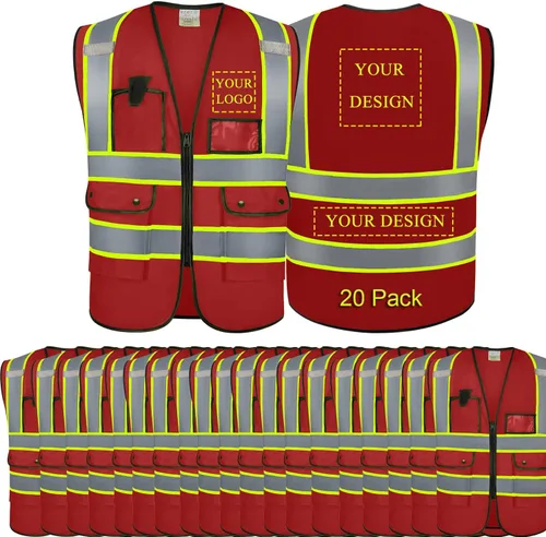 Miniatura 28 de Chaleco de seguridad con logotipo personalizado, chaleco reflectante de visibilidad estándar ANSI clase 2 a granel con bolsillos y cremallera
