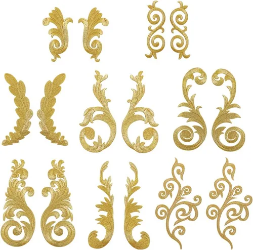 AHANDMAKER 8 pares de apliques de bordado de flores de hoja, estilo étnico dorado, para coser con hierro en la corona de hojas, apliques bordados de