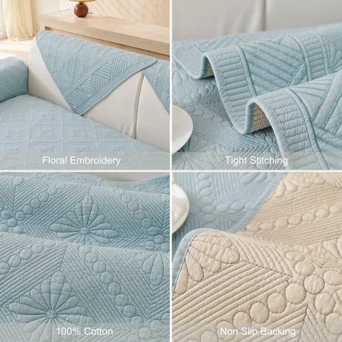 Miniatura 7 de vctops Funda acolchada de algodón bohemio para sofá, lavable, suave, antideslizante, con bordado floral, protector de muebles para perros, niños