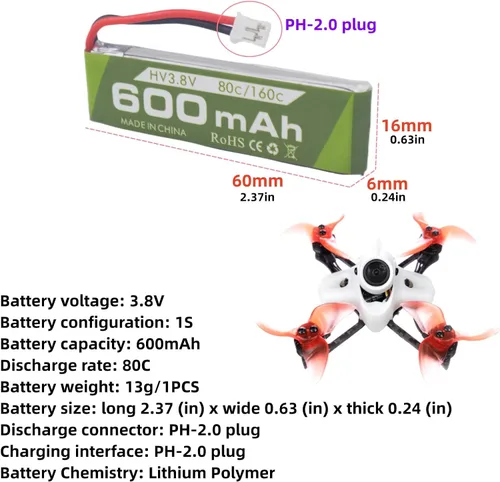 Miniatura 2 de Batería de iones de litio 1S 3.8V 80C 600mAh con conector de enchufe JST PH-2.0 con cable de carga USB para Cinewhoop Tinyhawk Micro FPV Racing