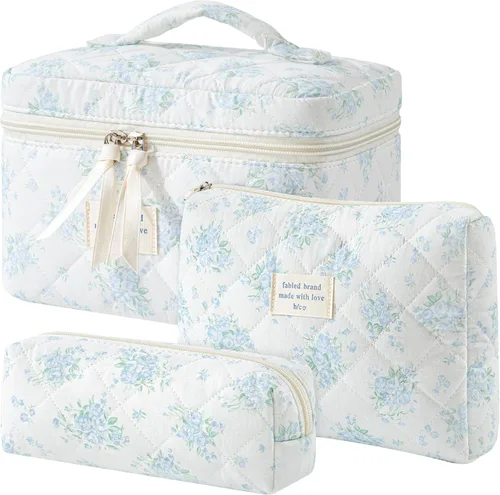 Miniatura 45 de HBselect Bolsa de maquillaje acolchada, 3 piezas de algodón grande, bolsa de maquillaje de viaje, bonita bolsa de maquillaje floral de coqueta