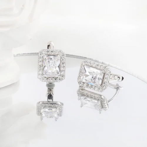 Miniatura 4 de White Gold Plated 925 Sterling Silver Small CZ Halo Huggie Hoop Earrings Rectangle