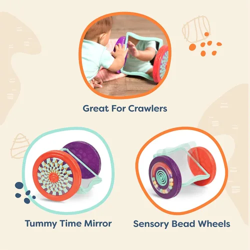 Miniatura 5 de B. toys – Juguetes para bebés con espejo y ruedas sensoriales rodantes – Espejo interactivo Roly-Poly para tiempo boca abajo y gateo – Aprendizaje