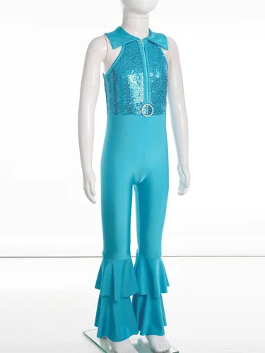 Miniatura 38 de JEATHA Mono de discoteca hippie brillante de los años 70 para niñas y niñas, con lentejuelas brillantes, disfraz de baile funky