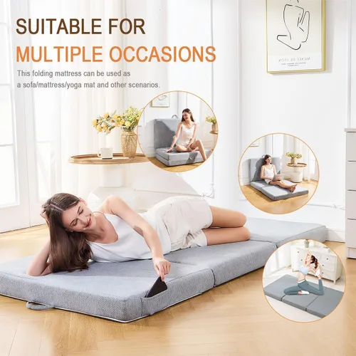 Miniatura 4 de Colchón triple tamaño matrimonial, de espuma viscoelástica plegable de 4 pulgadas, cama de invitados portátil con extraíble y lavable con asas
