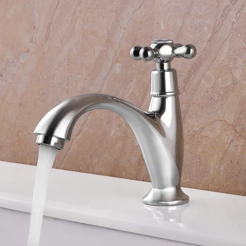 Miniatura 3 de SKOWLL Grifo de agua fría de una sola manija, grifo de fregadero de baño de montaje en cubierta de cromo pulido, grifo de lavabo de tocador de baño