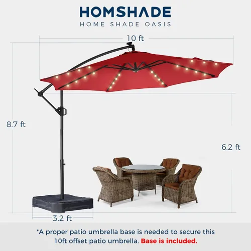 Miniatura 8 de HOMSHADE Paraguas de patio voladizo con luces solares de 10 pies, con luz y base, luz LED, para colgar en el patio, sombrilla de mercado al aire Rojo