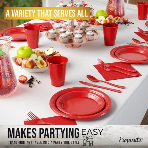 Miniatura 4 de 350 piezas de platos de plástico rojo para fiestas, juego de platos desechables rojos, 50 de cada juego de platos para cena de 9 pulgadas, platos