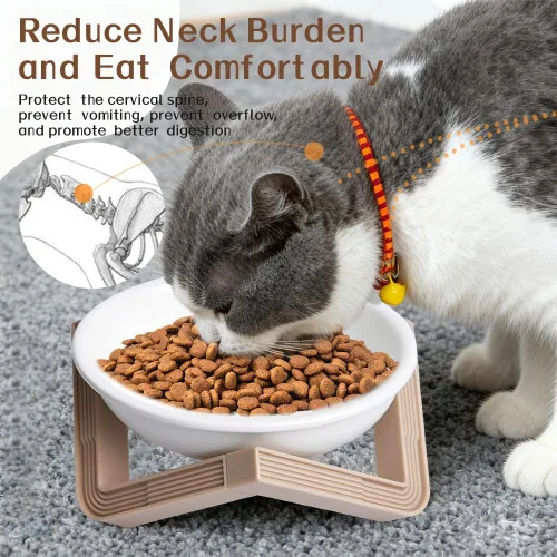 Miniatura 4 de 2 cuencos elevados para gatos, platos de cerámica de acero inoxidable de 5.1 pulgadas, para alimentación de mascotas, cuenco de agua inclinado
