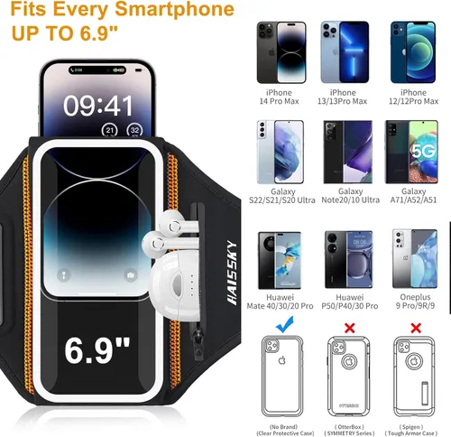 Miniatura 3 de Brazalete para correr con bolsa para auriculares, brazalete para teléfono celular para iPhone 17 16 15 Pro 14 Plus 13 11 XR, Galaxy S24/S10 Negro