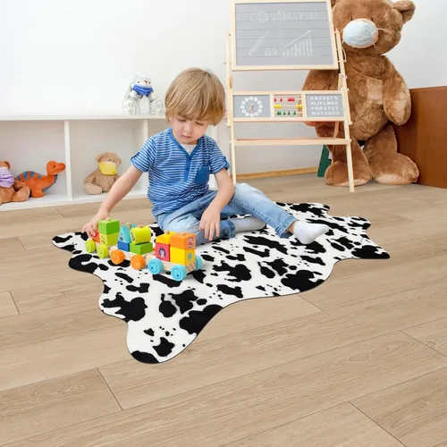 Miniatura 4 de Bonita alfombra con estampado de vaca, pequeña de piel sintética de vaca en blanco y negro, alfombra con estampado animal para mesa, dormitorio