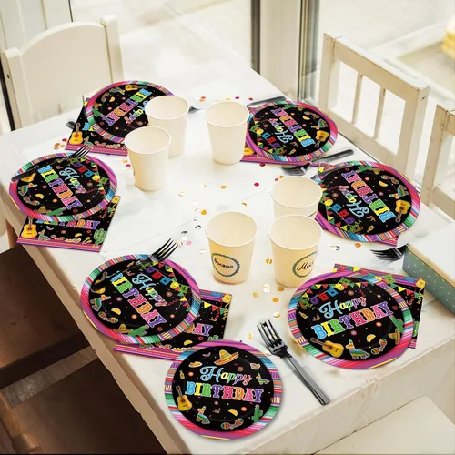 Miniatura 5 de Tevxj Juego de vajilla de 96 piezas para fiesta mexicana de feliz cumpleaños, platos de postre desechables, platos de fiesta, servilletas, tenedores