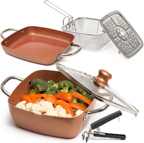 Moss & Stone 6 Piezas Juego de Utensilios de Cocina Chef de Cobre Antiadherente Sartén Honda para Freír 9.5" x 3.5", Canasta para Freír, Rejilla 6