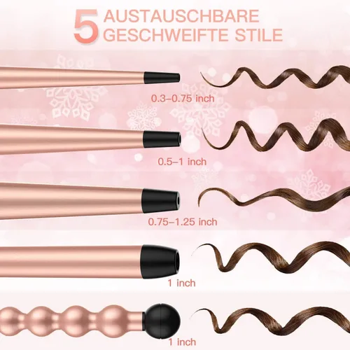 Miniatura 7 de USTAR Varita rizadora 5 en 1 para cabello largo, barriles de cerámica intercambiables de 0.35 a 1.25 pulgadas, rizador de viaje de doble voltaje
