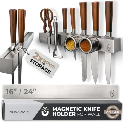 Miniatura 8 de Soporte magnético adhesivo para cuchillos de 16 pulgadas para pared (sin taladro) con 2 almacenamientos, diseño seguro y patentado, tira magnética