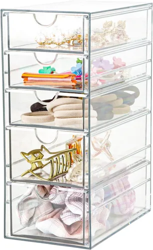 Miniatura 6 de Cajón de plástico con 5 cajones de diferentes tamaños, organizador de accesorios para el cabello gris claro transparente, organizador de baño