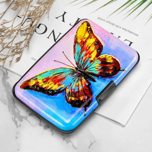 Miniatura 258 de ELFISH Mini cartera de aluminio RFID para tarjetas de crédito, funda de identificación de metal para hombres y mujeres, Happy Flower, Cartera Rfid