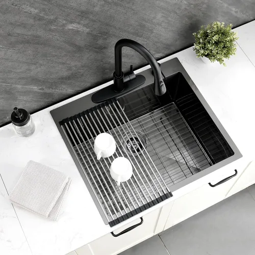Miniatura 5 de Fregadero utilitario negro, 25 x 22 x 12 pulgadas de profundidad, acero inoxidable negro con grifo y dispensador de jabón, lavabo de montaje