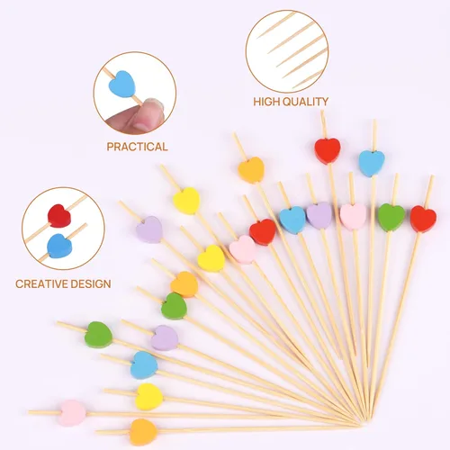 Miniatura 3 de JtmyAota 100 unidades de palillos de dientes de bambú con forma de corazón, púas de cóctel de bambú naturales para aperitivos, pastel de frutas, Rosa