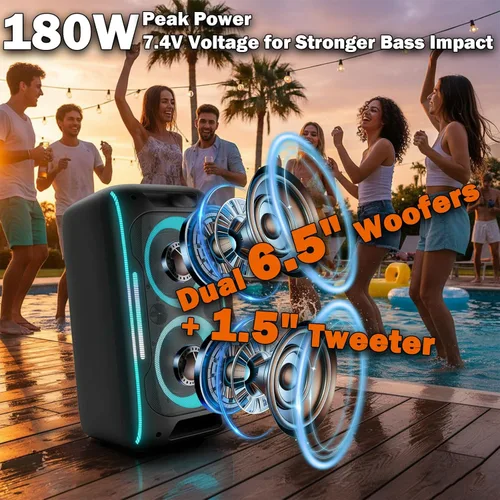 Miniatura 3 de Altavoz Bluetooth para fiestas, potente sonido estéreo de 180 W, graves profundos, altavoz inalámbrico portátil con modos de sonido EQ, luces LED