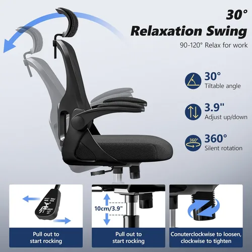 Miniatura 4 de Silla de oficina ergonómica, silla de escritorio de respaldo alto con brazos abatibles, silla de computadora de malla de 300 libras con Negro