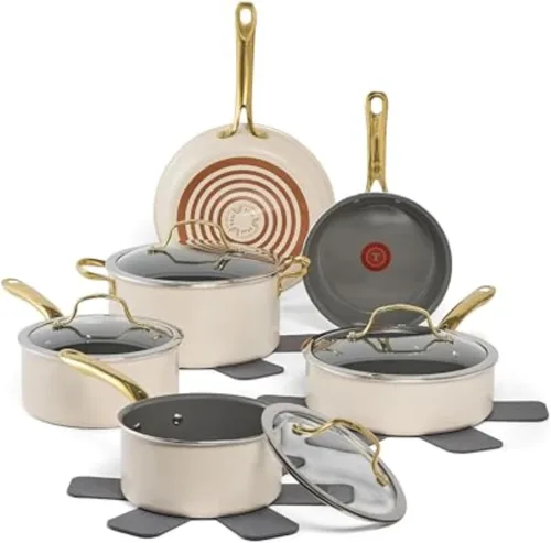 T-fal Preserve Ceramic, juego de utensilios de cocina antiadherentes de cerámica de 13 piezas, apto para horno y asador hasta 350°F, incluye olla