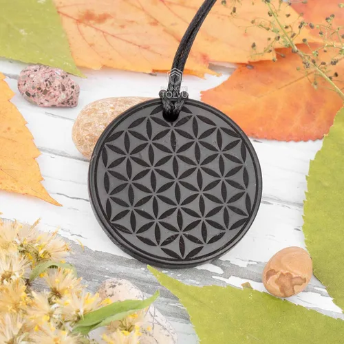 Miniatura 7 de Colgante Shungite grande - Flor de la Vida - 1.8 pulgadas - Auténtico collar de amuleto de piedra shungita - Hecho a mano - TOLVU, Piedra, Shungita