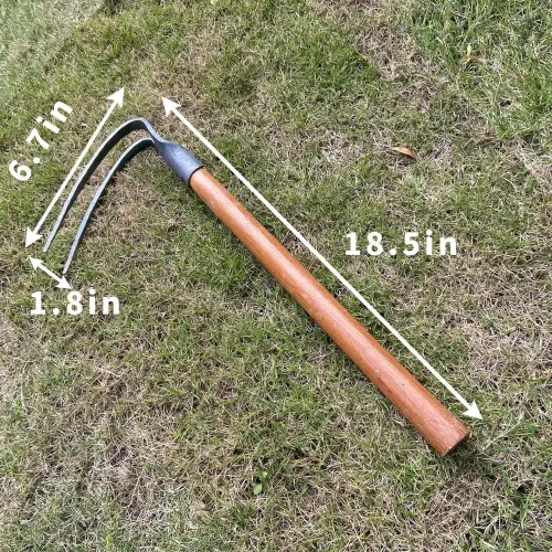 Miniatura 6 de Juego de 2 palillos de jardín de 19.6 pulgadas, juego de herramientas de azada de mano de 2 puntas, herramienta de jardín con mango de madera