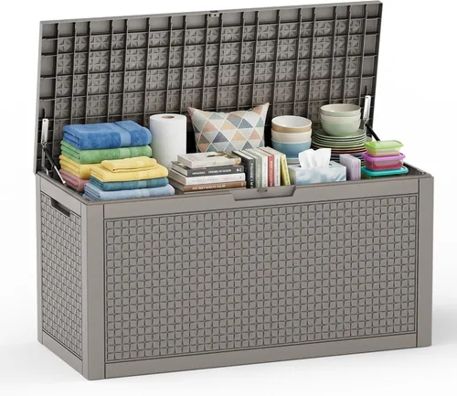 Miniatura 32 de EasyUp Caja de almacenamiento al aire libre de 30 galones, caja de resina para muebles, herramientas de jardín, cajas de almacenamiento exteriores