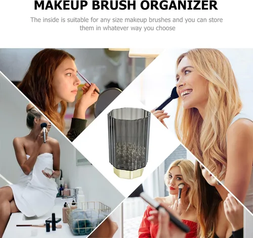 Miniatura 8 de HOMSFOU Vintage Scandinavian Gold-edged Glass Brush Holder, Gray Makeup Brush Organizer and Pencil Cup, Desk Pen Holder for Office Supplies and