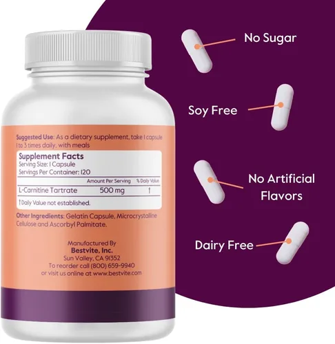 Miniatura 3 de BESTVITE Tartrato de L-carnitina 500 mg por cápsula (120 cápsulas) - Sin estearatos - Sin OMG - Sin gluten - Apoya la salud del corazón