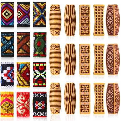 Miniatura 8 de WILLBOND 27 cuentas de tela de madera para rastas, cuentas de tubo para trenzas de cabello, joyería para el cabello, adorno de barba para mujeres