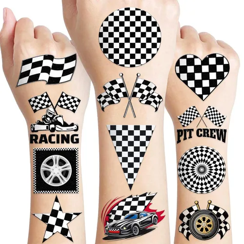 96 tatuajes temporales de autos de carreras para niños, tatuajes falsos con bandera a cuadros para niños, recuerdos de fiesta de cumpleaños, Normal
