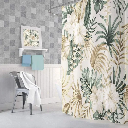 Miniatura 4 de DYNH Cortina de ducha para baño, diseño de plantas tropicales, plantas tropicales, caravanas, hojas de palmera verde salvia, beige, bonita